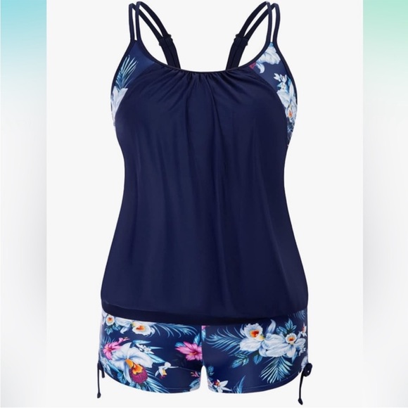 NWT Hanna Nikole Plus Size Floral Strappy Tankini Top w Shorts 2 pc Swimsuit - Picture 1 of 13